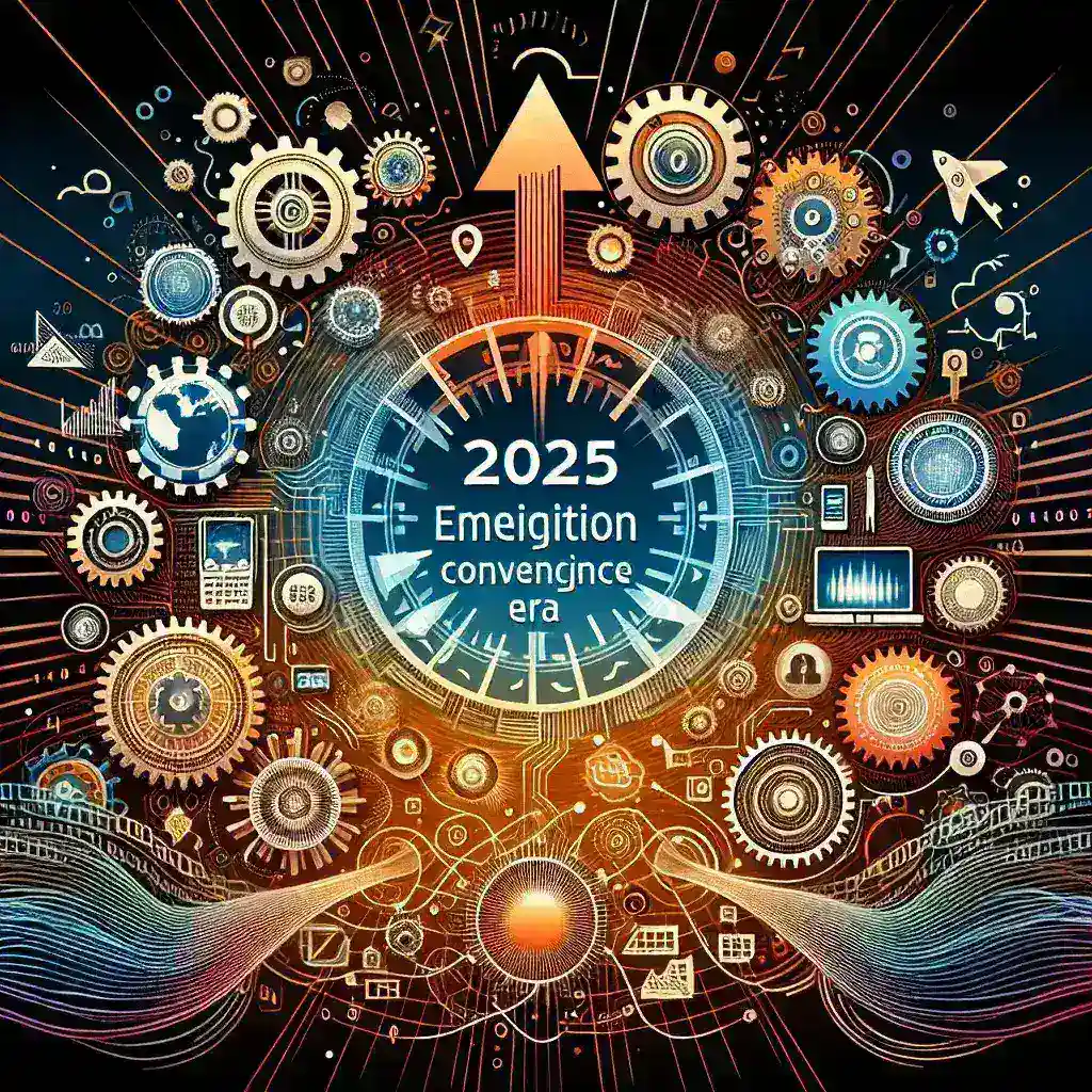"Imagen ilustrativa de las 12 tendencias tecnológicas para 2025, destacando la convergencia digital, con gráficos de IA, IoT, 5G y realidad aumentada en un fondo futurista."