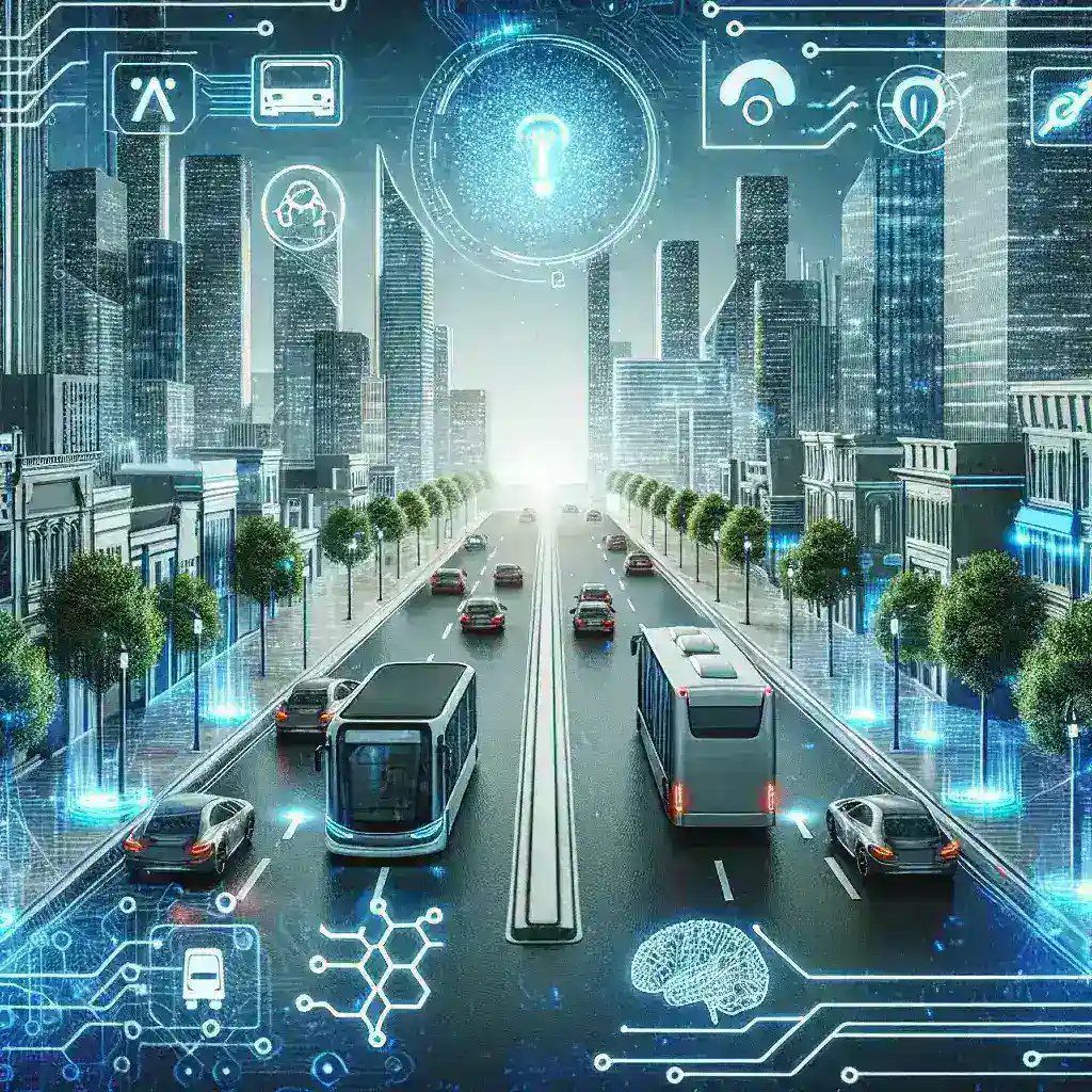 "Imagen que ilustra la transformación del transporte público mediante inteligencia artificial, mostrando un autobús moderno equipado con tecnología avanzada, rodeado de una ciudad vibrante y conectada."